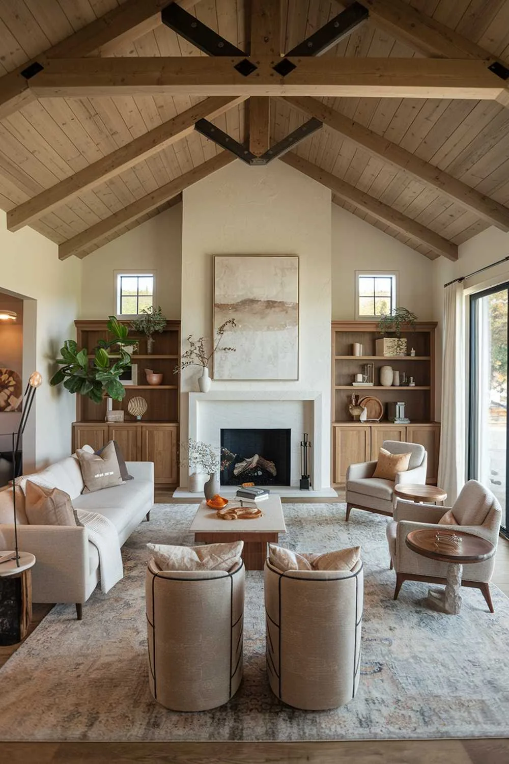 Rustic living room with white fireplace and large artwork