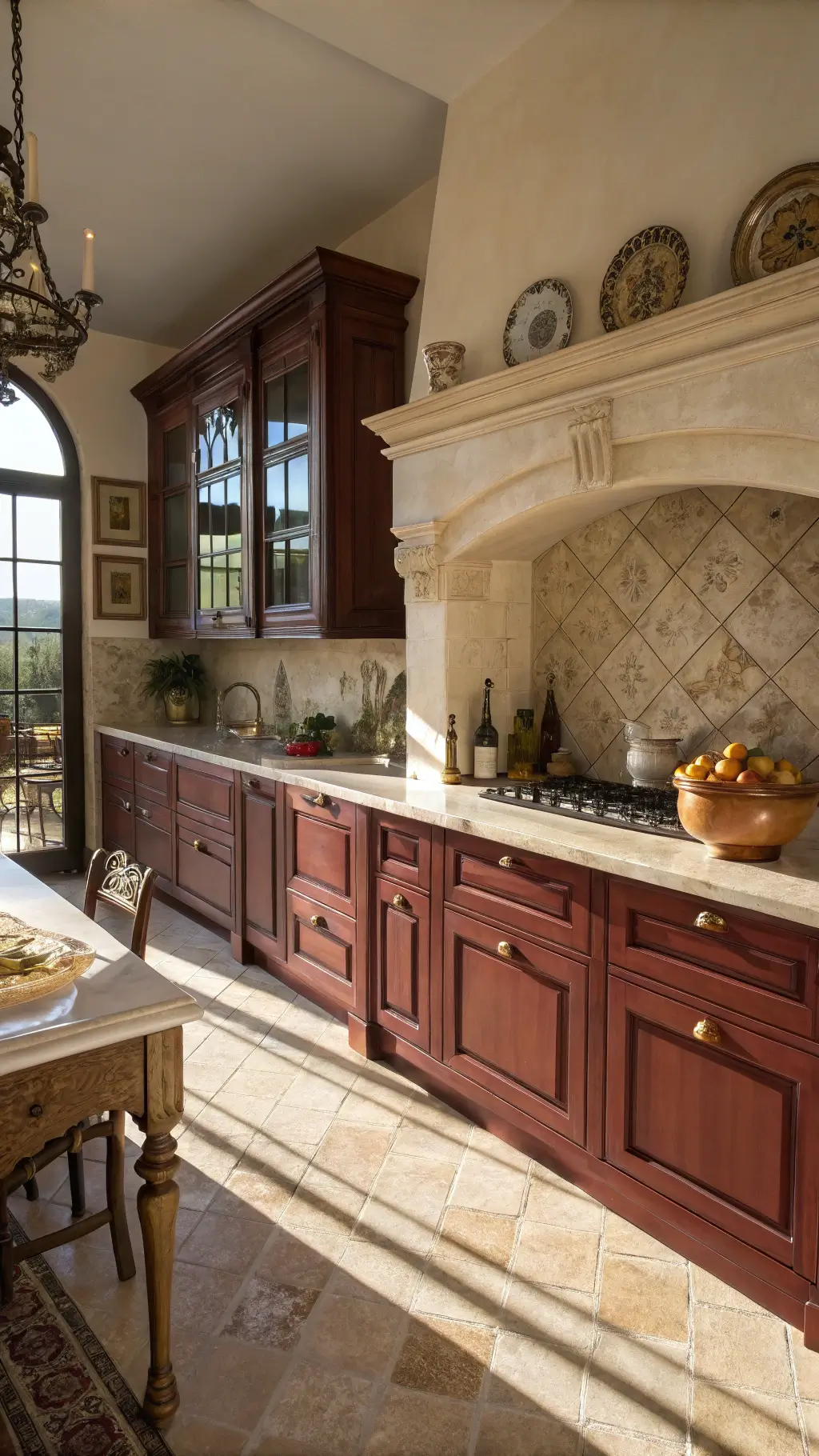 Mediterranean kitchen with deep burgundy lower cabinets, cream upper units, marble countertops, and terracotta backsplash