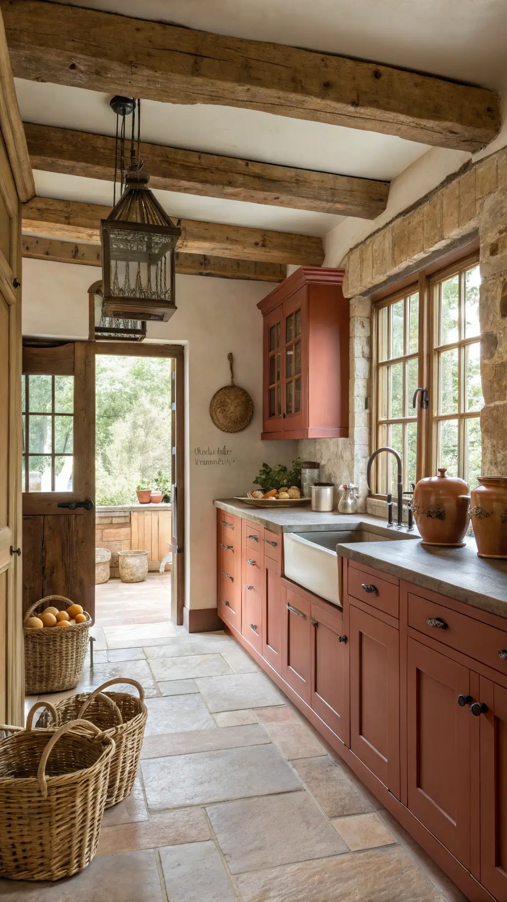 Cozy farmhouse kitchen with terracotta red cabinets, cream limestone countertops, and antique brass lighting