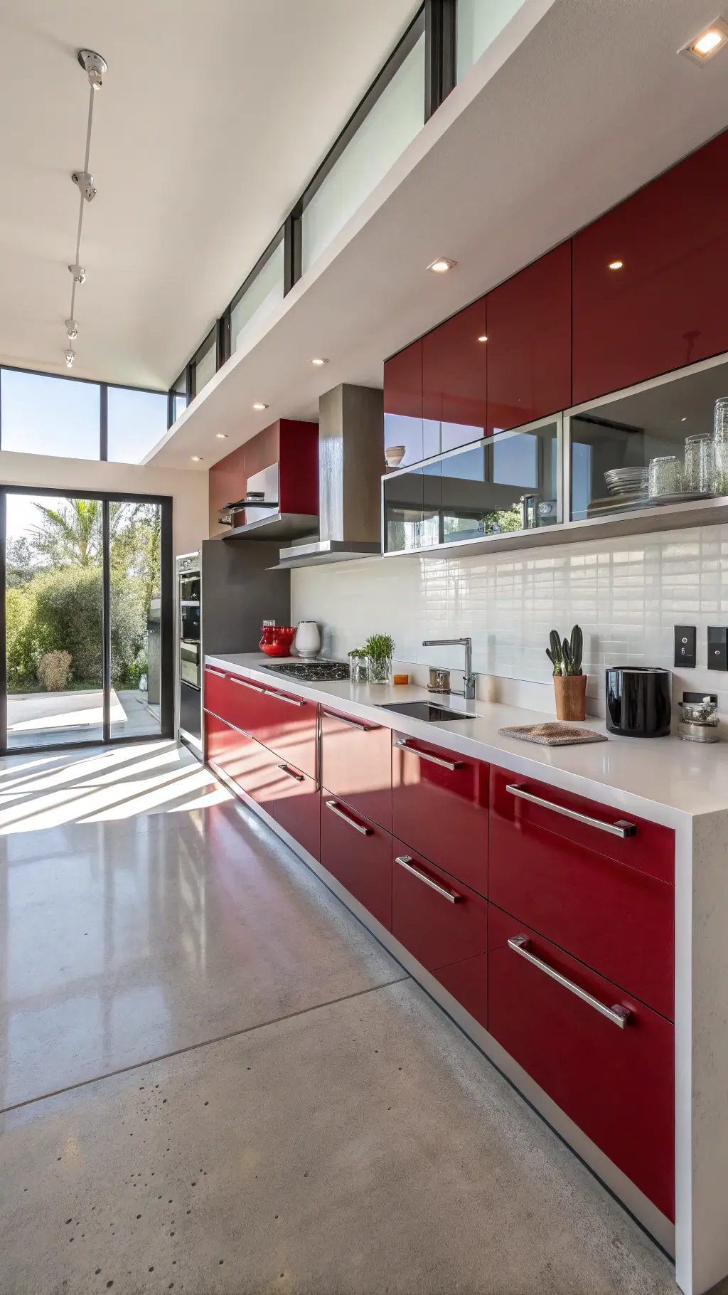 Modern kitchen with glossy cherry red cabinets, white concrete countertops, and minimalist decor