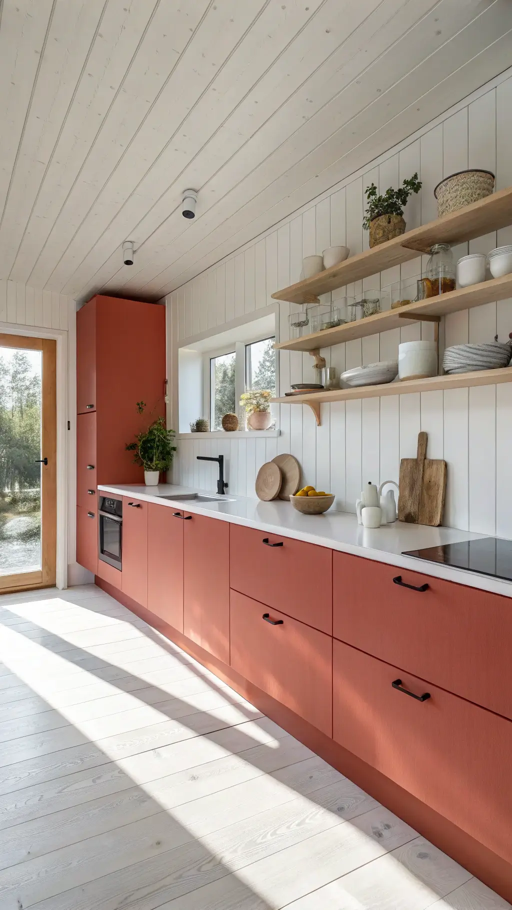 Scandinavian kitchen with coral red cabinets, white walls, wooden pulls, and light wood flooring