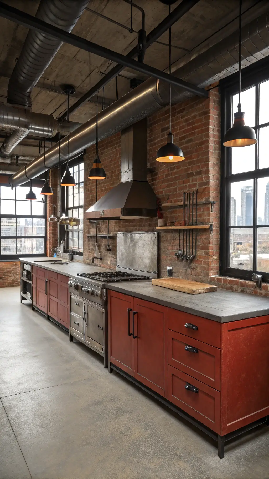 Industrial kitchen with brick red metal cabinets, zinc countertops, and butcher block island