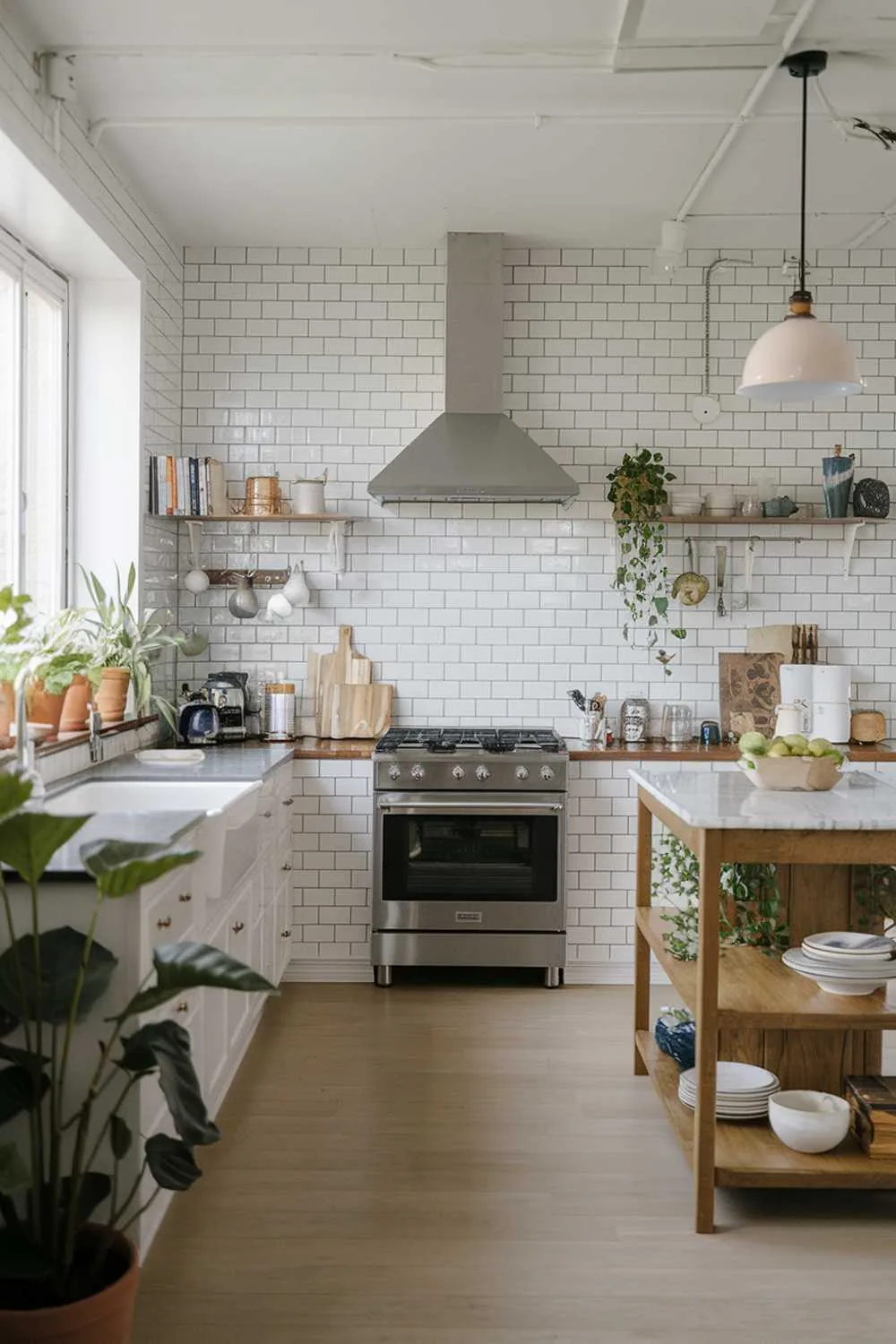 Minimalist kitchen with stainless steel range hood, wooden island, and greenery