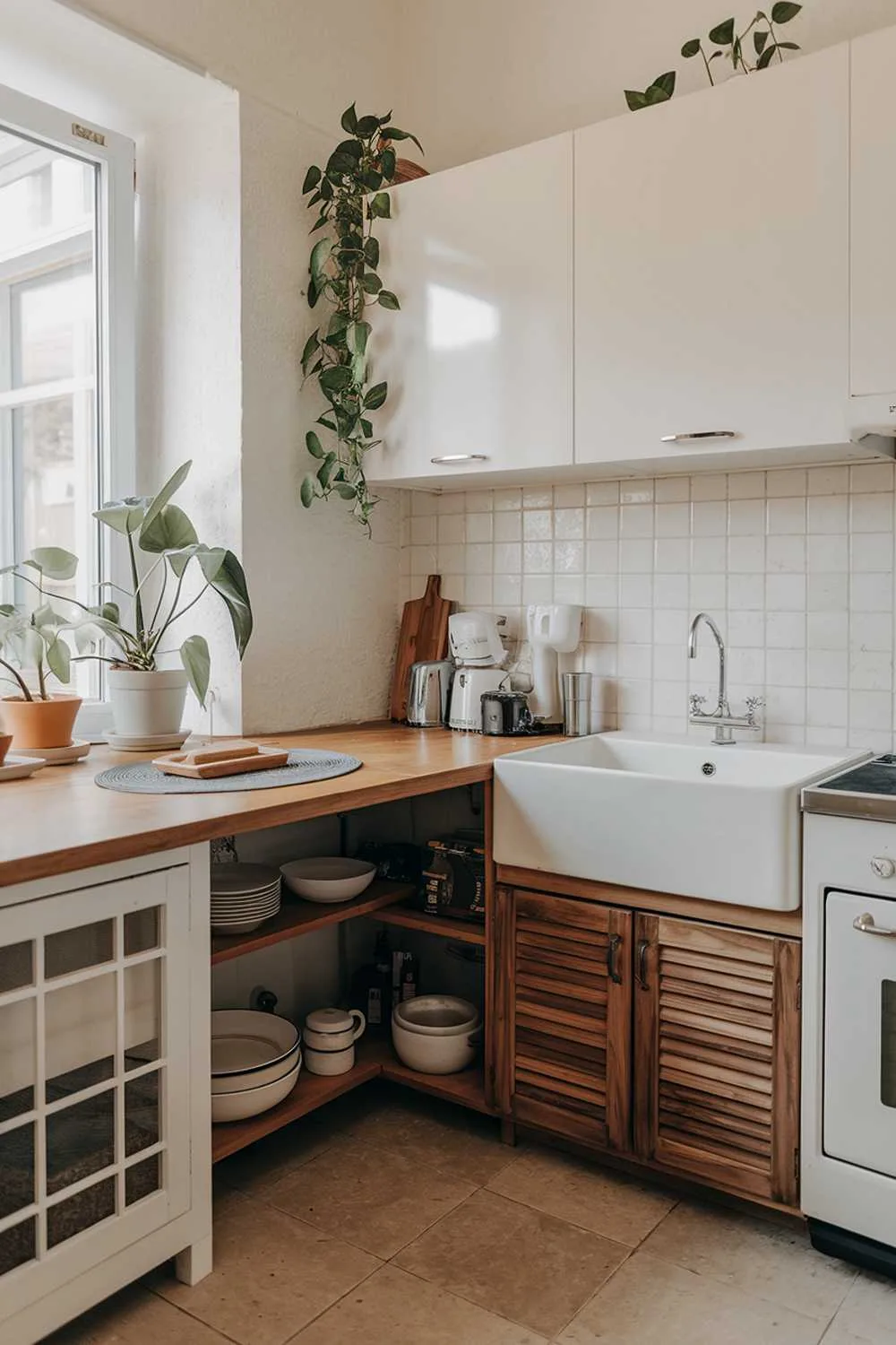 Minimalist kitchen with wooden countertop, white sink, and beige tiled floor