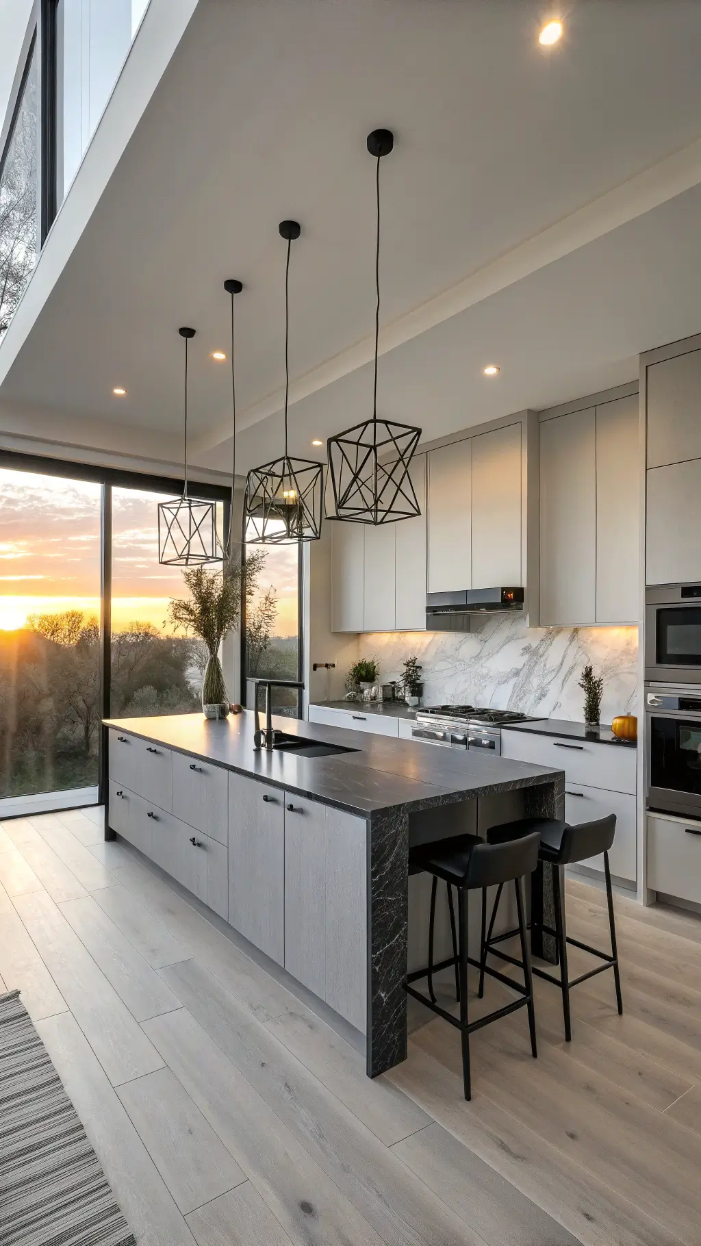 Modern kitchen glowing in sunset light with gray cabinets, black granite island, white oak flooring, and sleek appliances