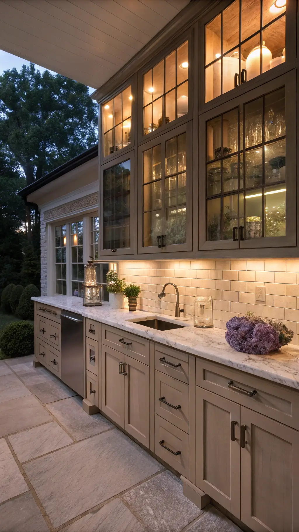 Cozy kitchen at dusk featuring warm taupe cabinets, brushed nickel hardware, honed limestone countertops, subway tile backsplash, and vintage accents