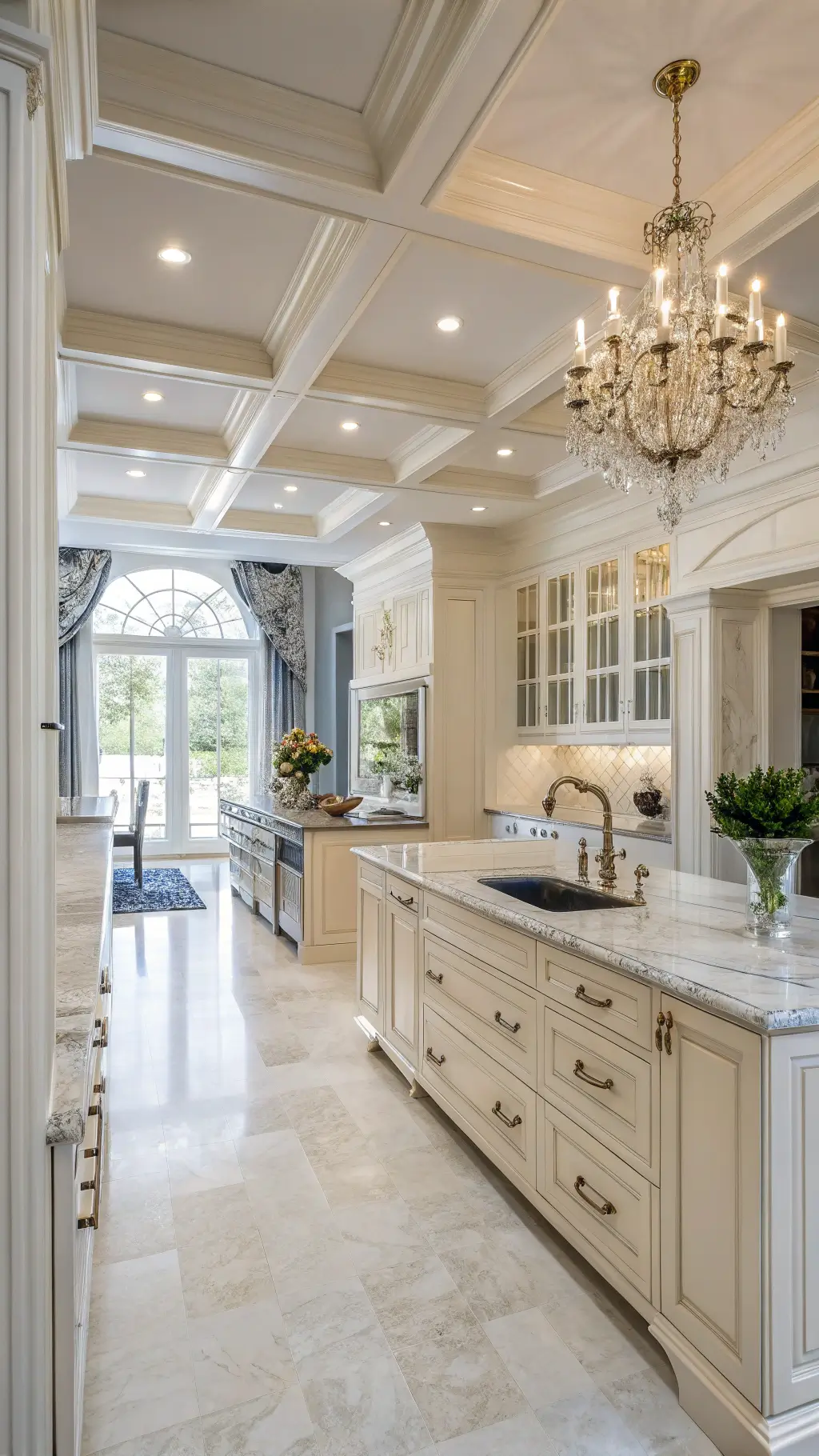 Bright open-concept kitchen with cream cabinets, Calacatta Gold marble countertops, coffered ceiling, and elegant decor