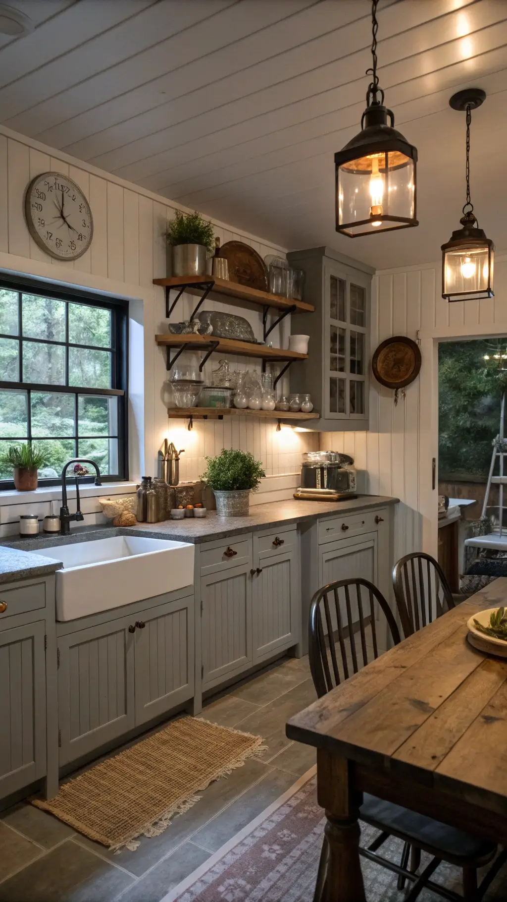 Inviting kitchen at twilight with gray beadboard cabinets, oil-rubbed bronze pulls, soapstone counters, shiplap walls, and industrial pendant lights