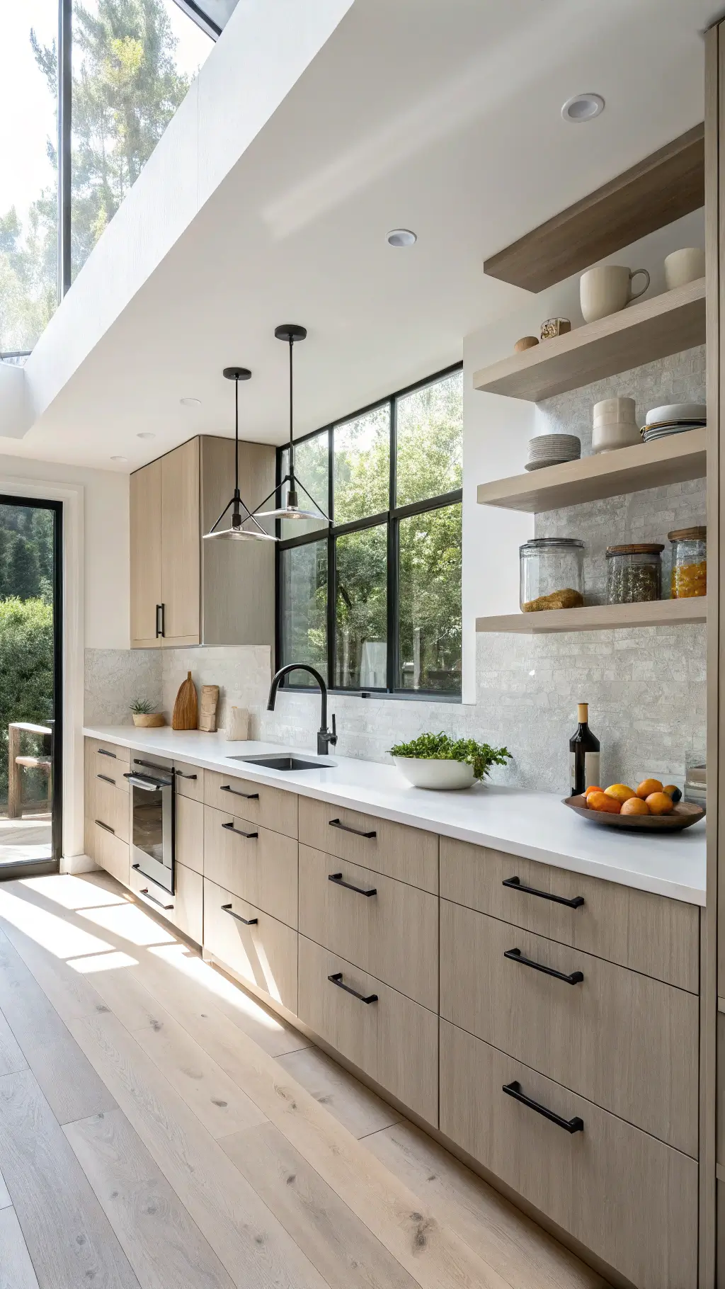 Modern kitchen with sunlit greige cabinets, quartz countertops, floor-to-ceiling windows, matte black fixtures, bleached oak shelving, minimalist pottery, and geometric pendant lights