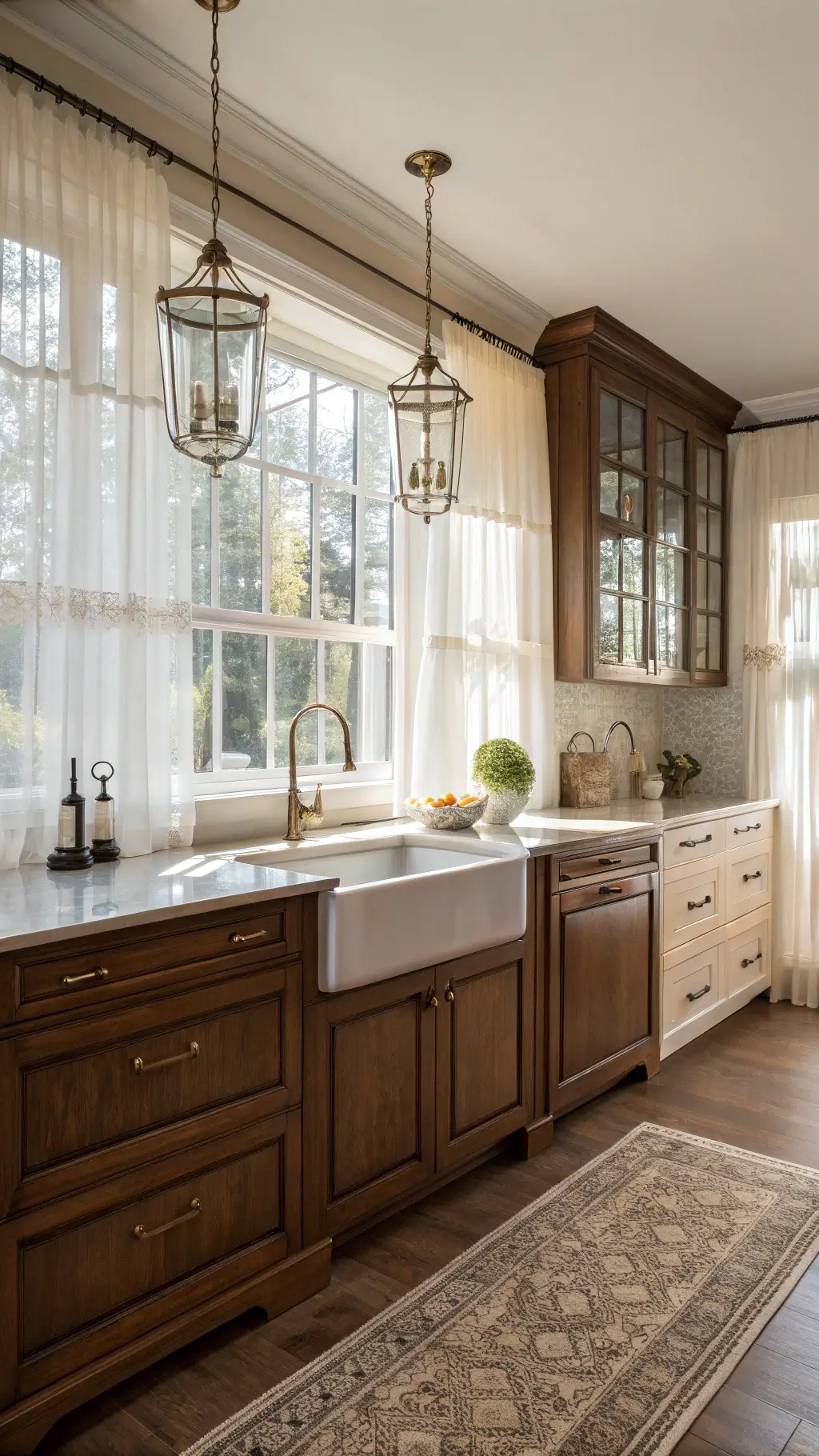Transitional kitchen blending traditional and modern elements with walnut base cabinets, brass hardware, farmhouse sink, glass-front upper cabinets, and pendant lighting during late afternoon sunlight.