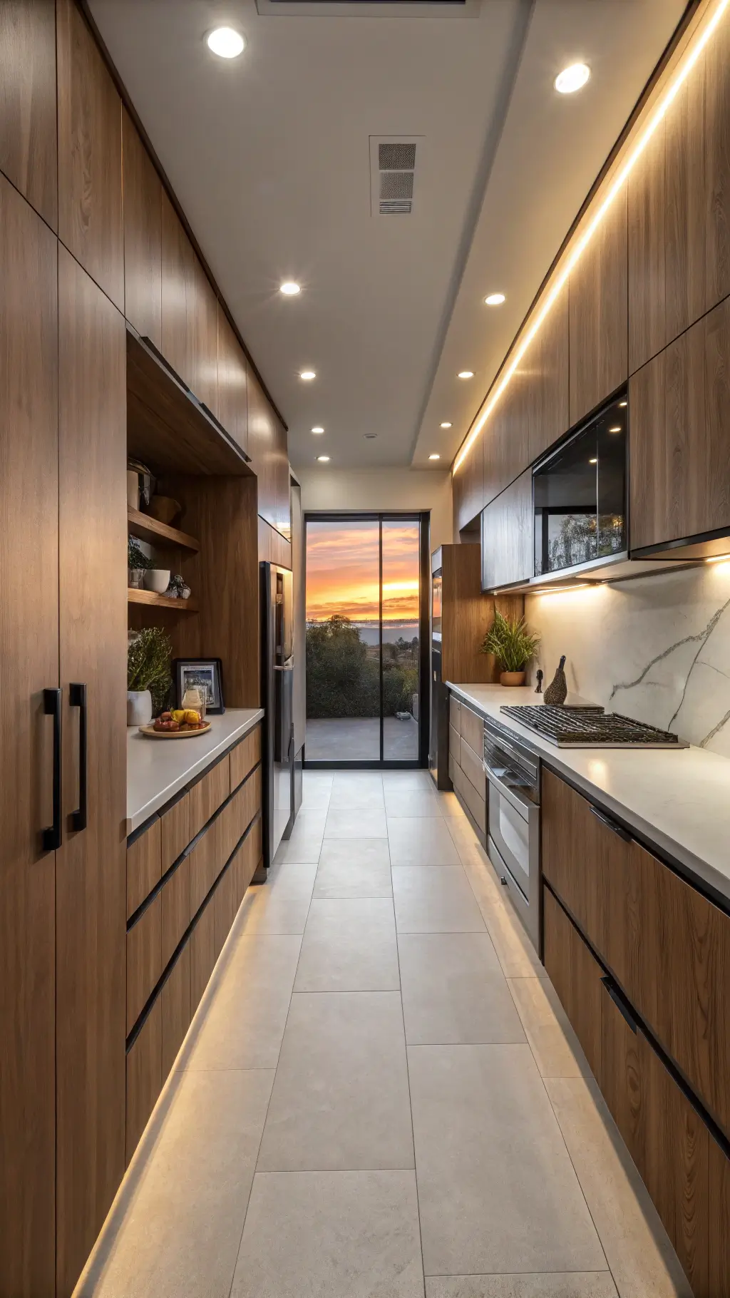 Modern galley kitchen with recessed lighting, walnut laminate cabinets, matte black appliances, marble backsplash, minimalist decor, and sunset light through a skylight.