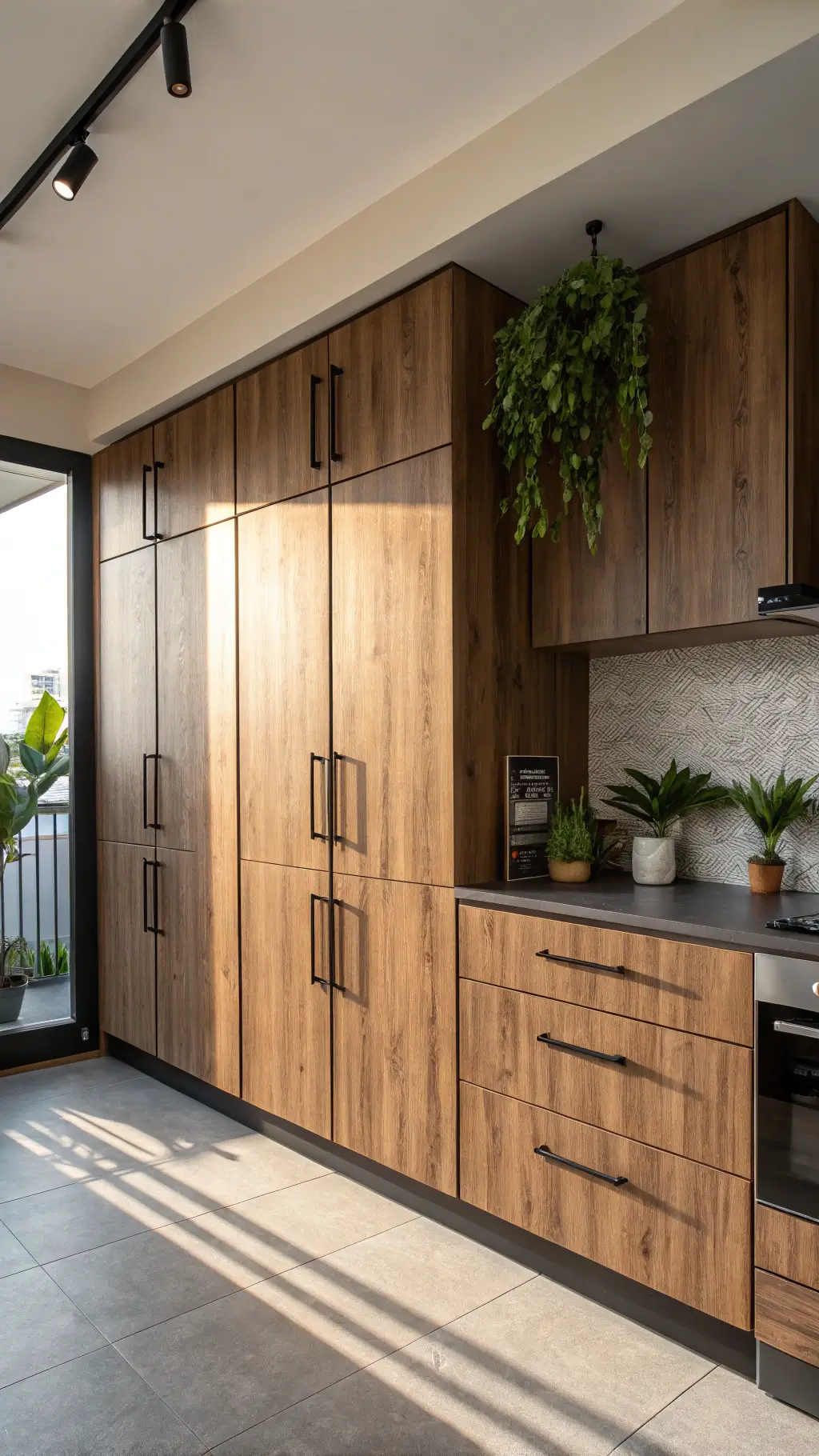 Modern studio kitchen with walnut laminate cabinets, matte black hardware, vertical storage, green plants, and under-cabinet lighting creating depth.