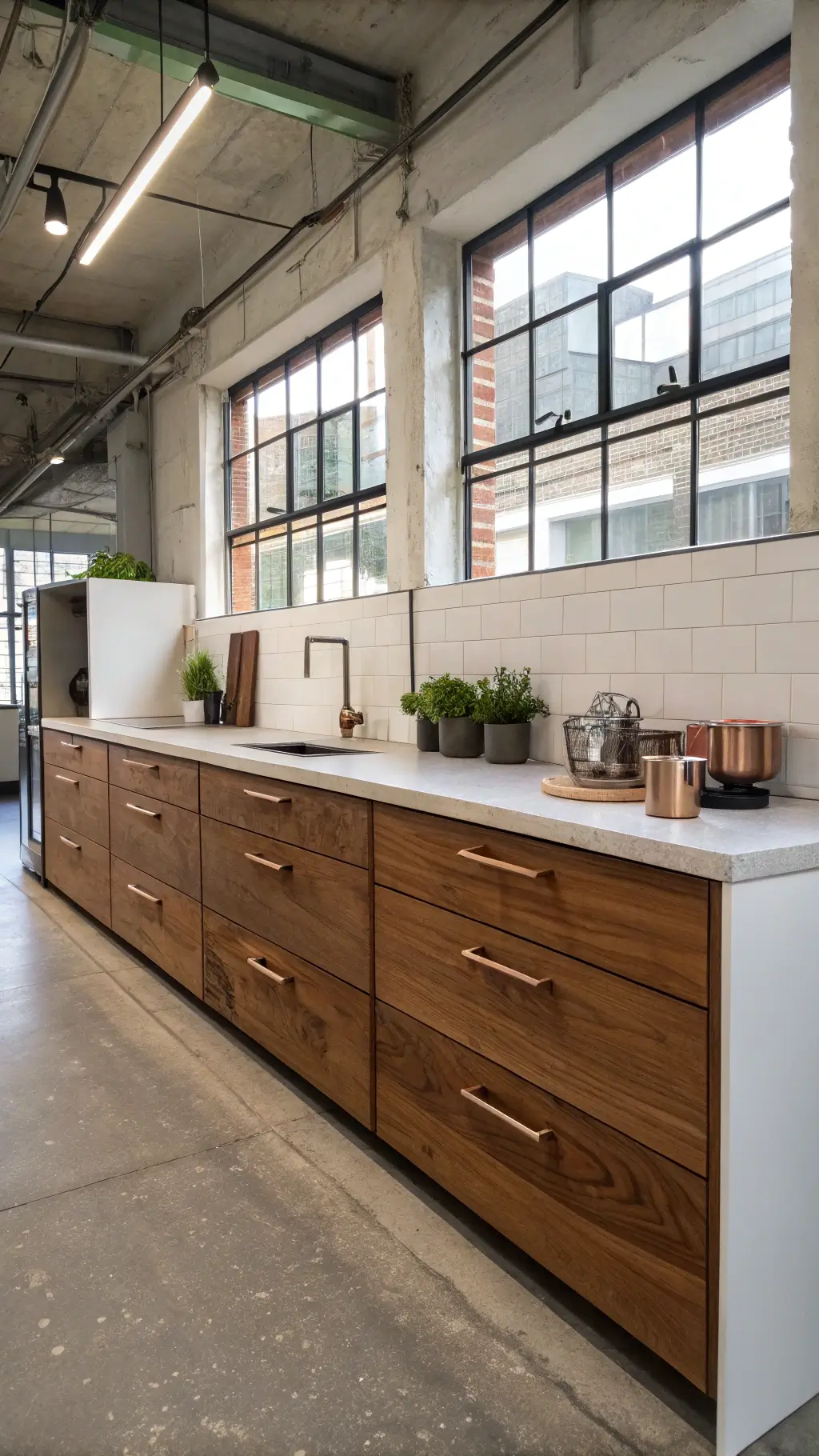 Compact urban kitchen featuring walnut base cabinets, white upper cabinets, concrete countertops, and morning light highlighting the wood grain.