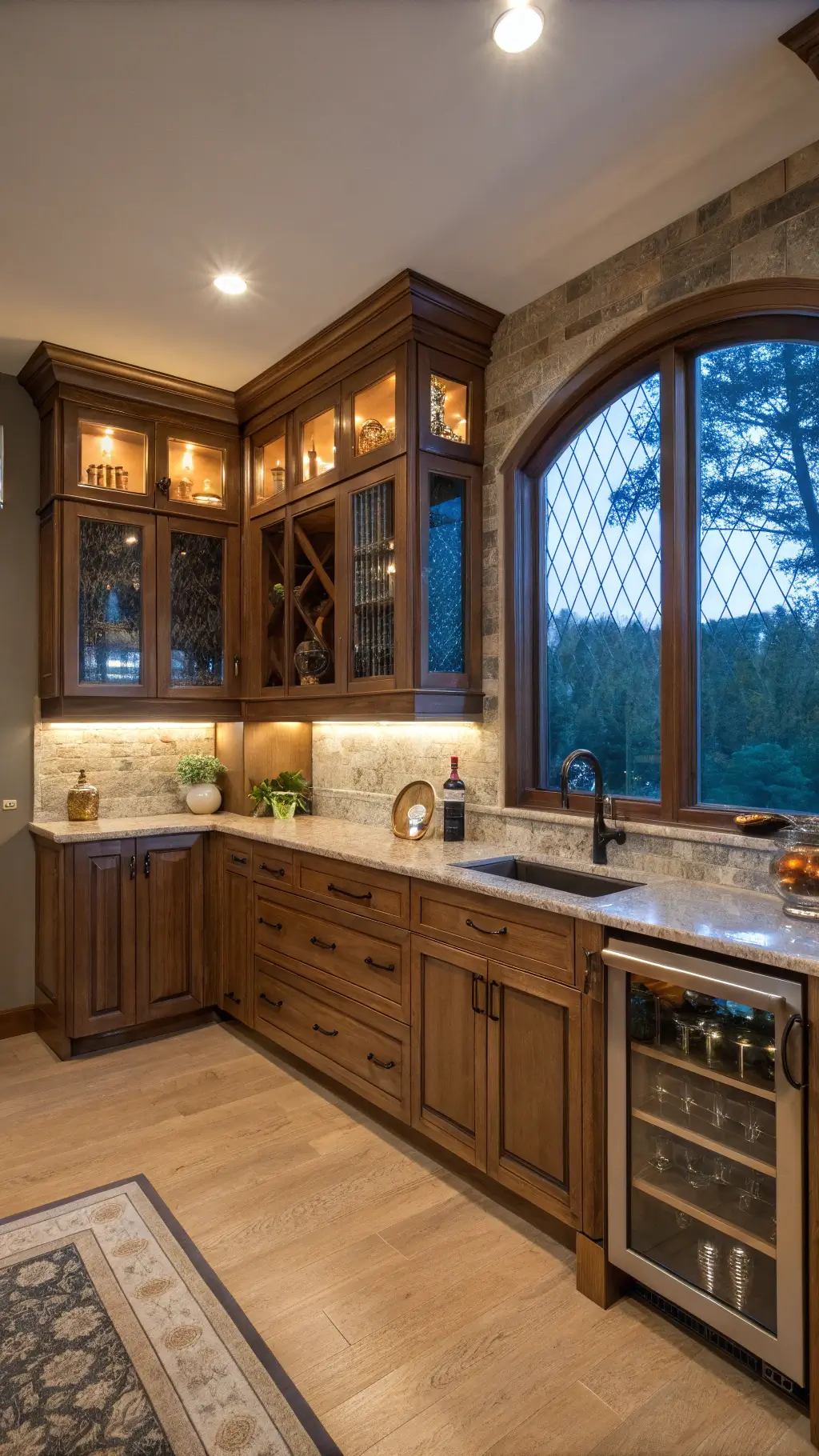 L-shaped kitchen with custom walnut cabinets, glass upper cabinets, built-in wine rack, copper accents, and handmade ceramics during blue hour.