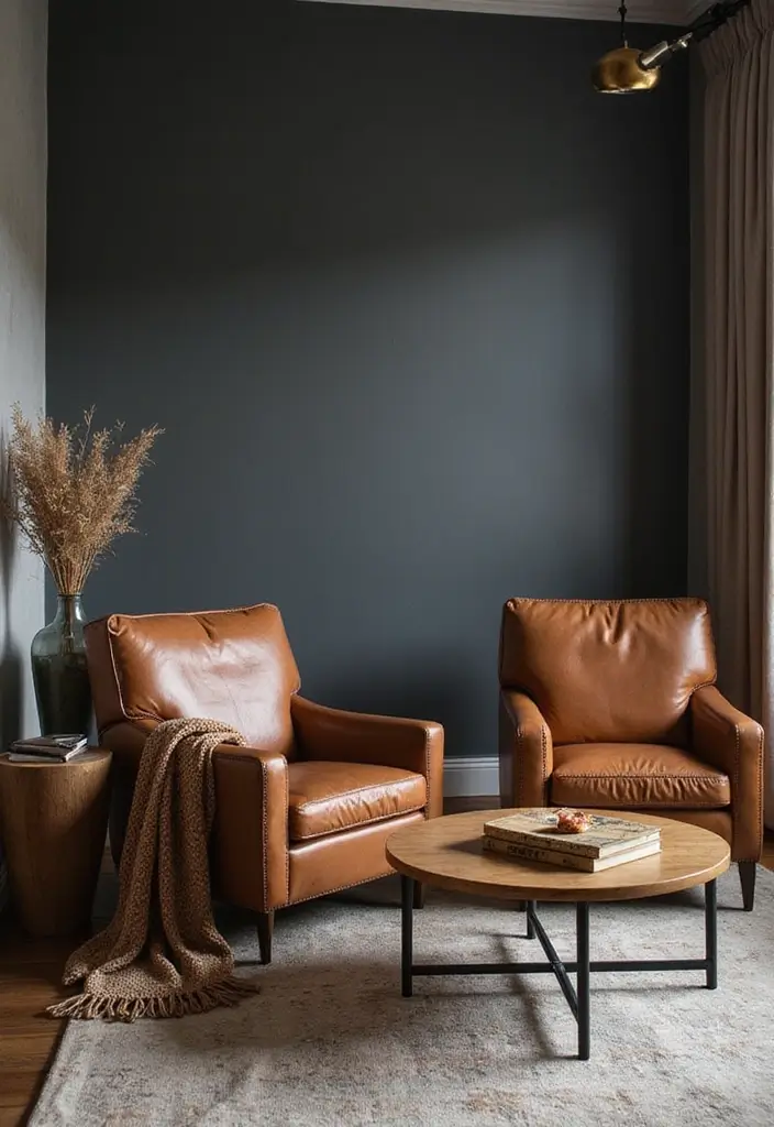 Camel Leather Armchairs in Dark Gray Wall Living Rooms