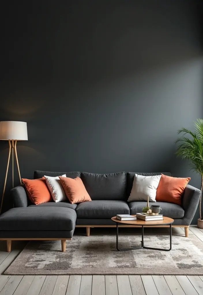 Charcoal Sectionals in Dark Gray Wall Living Rooms