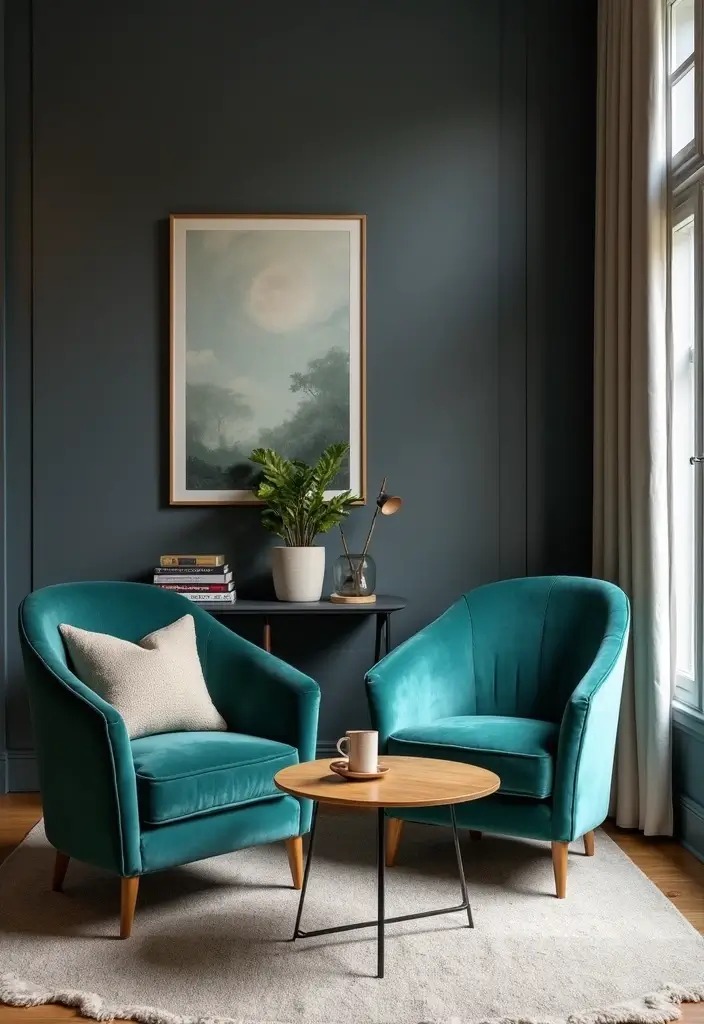 Velvet Teal Accent Chairs in Dark Gray Wall Living Rooms