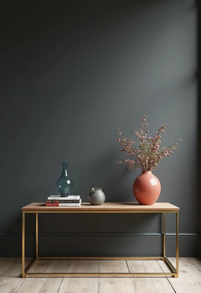 Brass-Framed Coffee Tables in Dark Gray Wall Living Rooms