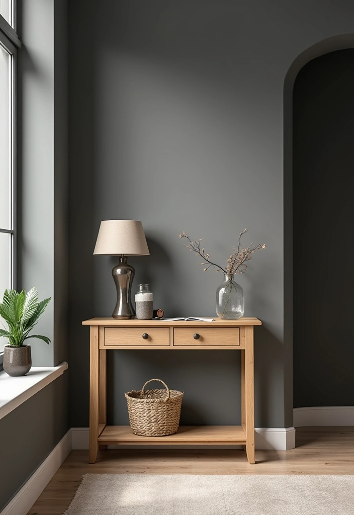 Light Oak Console Tables in Dark Gray Wall Living Rooms