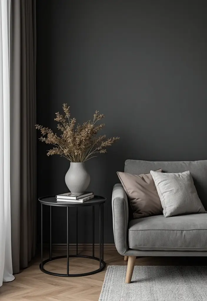 Black Metal Side Tables in Dark Gray Wall Living Rooms
