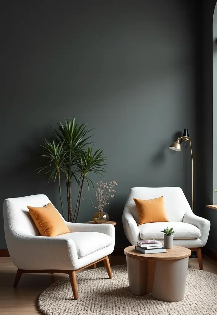 White Bouclé Lounge Chairs in Dark Gray Wall Living Rooms