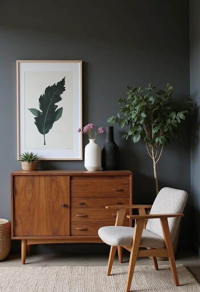 Mid-Century Walnut Credenzas in Dark Gray Wall Living Rooms