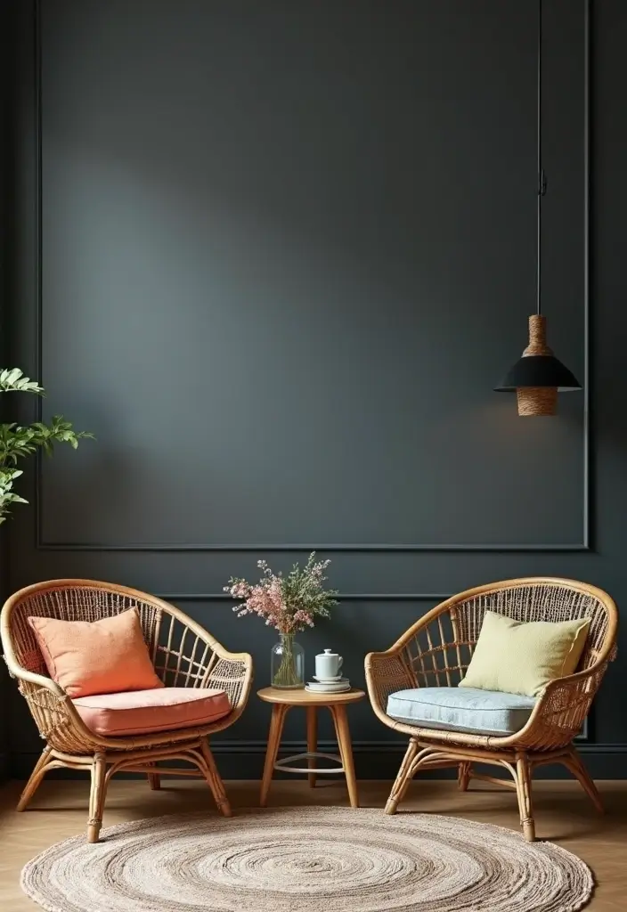 Rattan or Cane Accent Chairs in Dark Gray Wall Living Rooms
