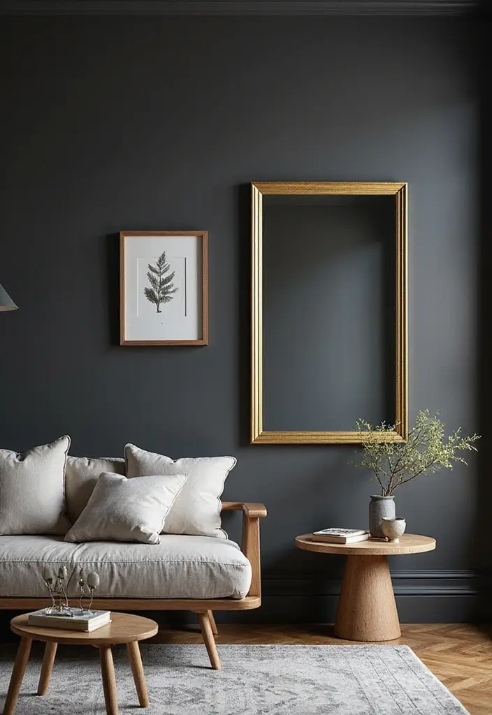 Gold-Framed Mirrors in Dark Gray Wall Living Rooms