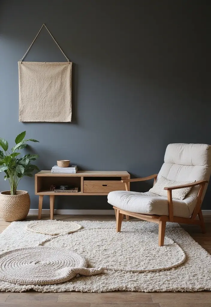 Layered Neutral Rugs in Dark Gray Wall Living Rooms