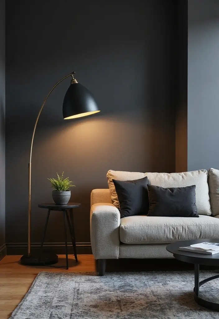 Matte Black Floor Lamps in Dark Gray Wall Living Rooms