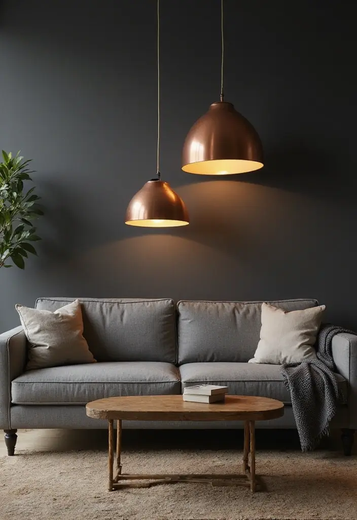 Brass or Copper Light Fixtures in Dark Gray Wall Living Rooms