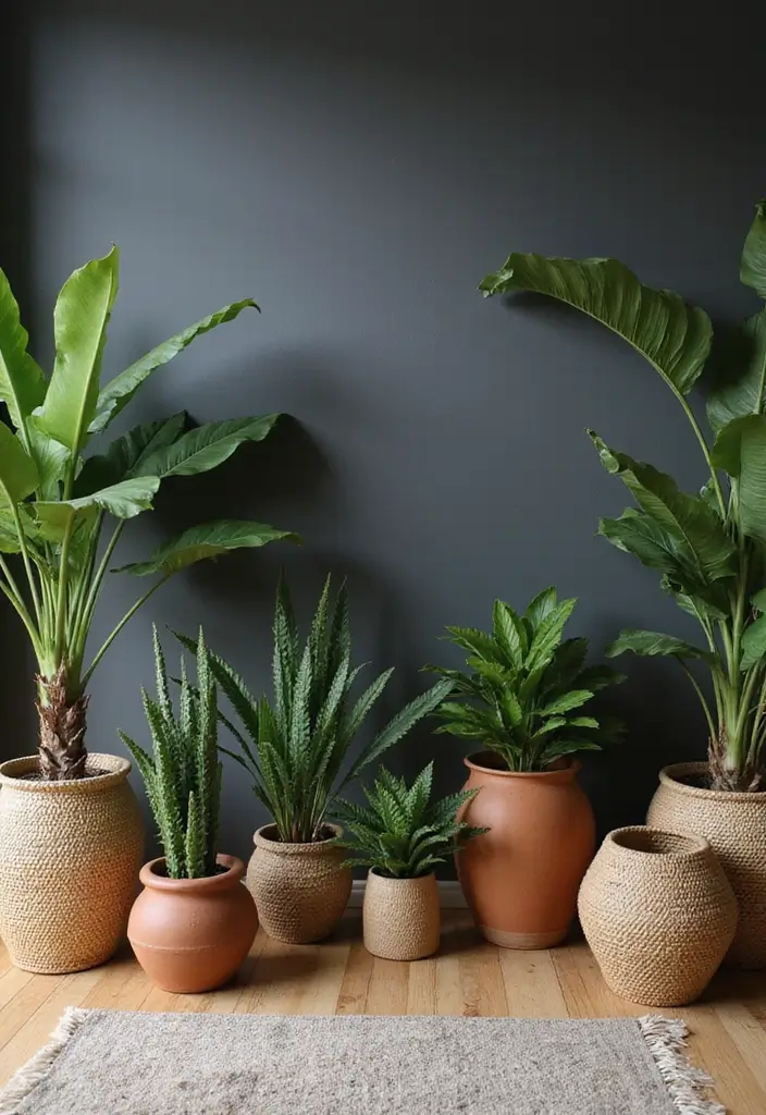 Greenery in Terracotta or Woven Baskets in Dark Gray Wall Living Rooms