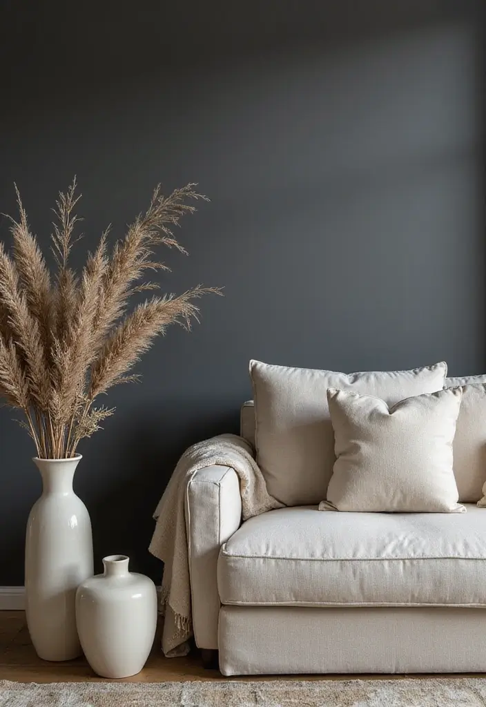 Ceramic Vases in Soft Neutrals in Dark Gray Wall Living Rooms