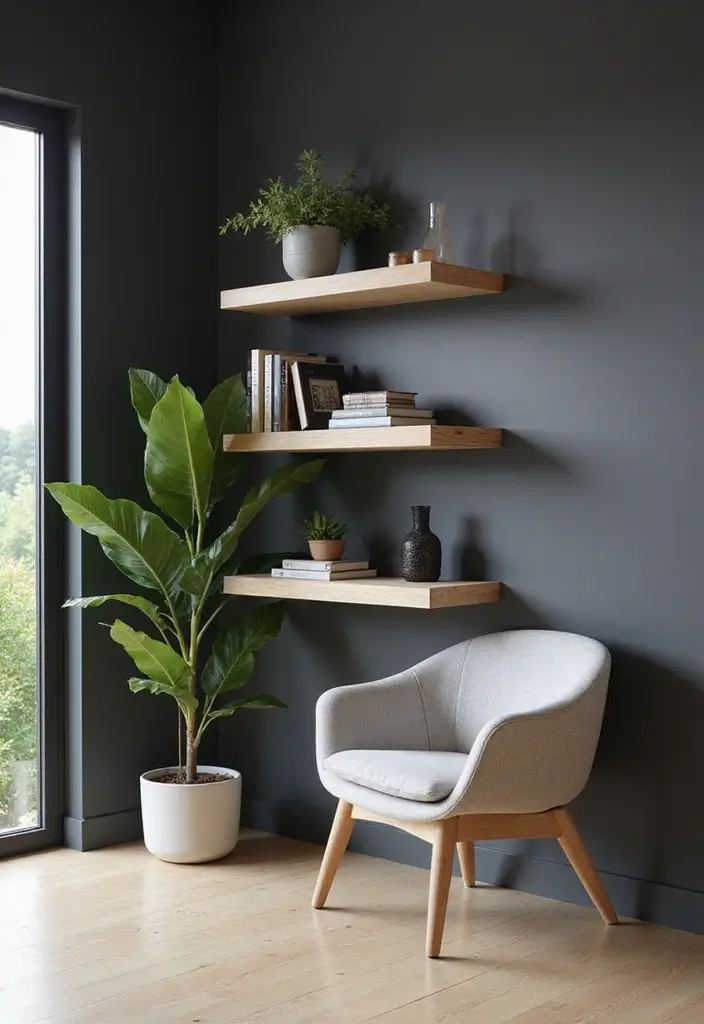 Floating Shelves in Light Wood in Dark Gray Wall Living Rooms
