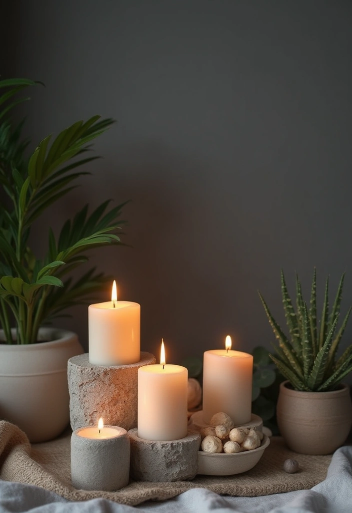 Candles in Stone or Concrete Holders in Dark Gray Wall Living Rooms