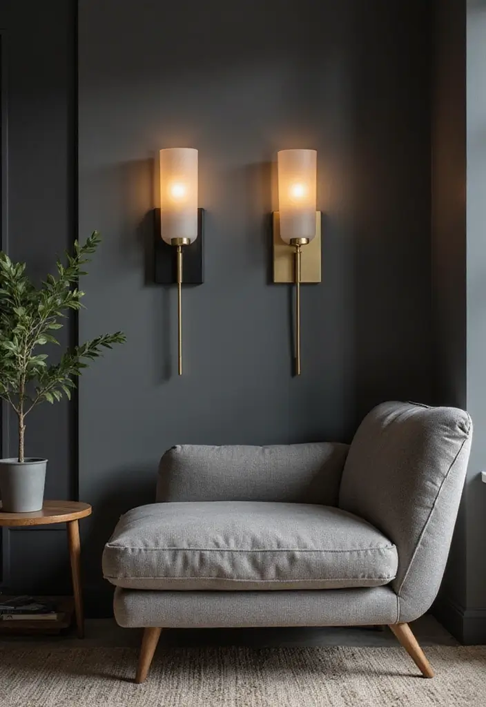 Wall Sconces in Brass or Matte Black in Dark Gray Wall Living Rooms