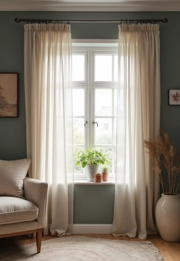 Sheer Curtains in Ivory or Taupe in Dark Gray Wall Living Rooms