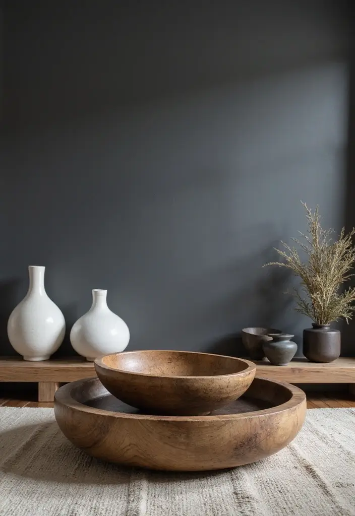 Decorative Bowls or Trays in Wood or Metal in Dark Gray Wall Living Rooms