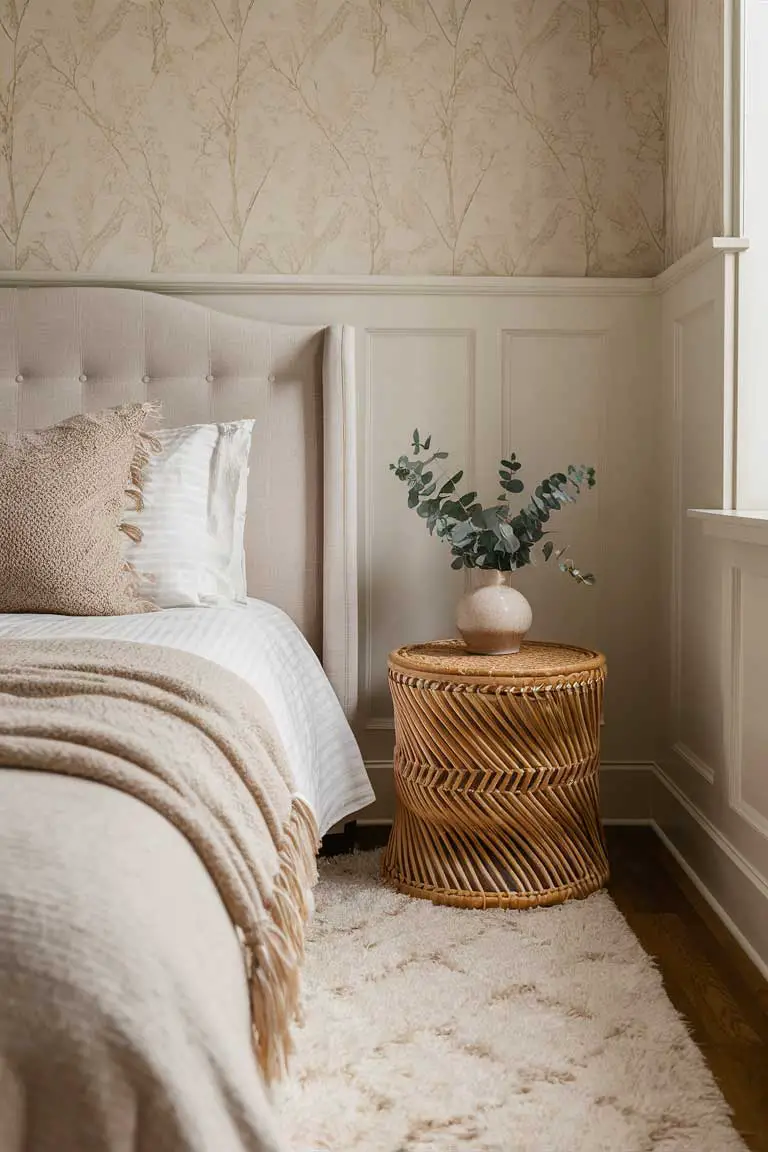 Cozy bedroom corner with beige upholstery and natural textures