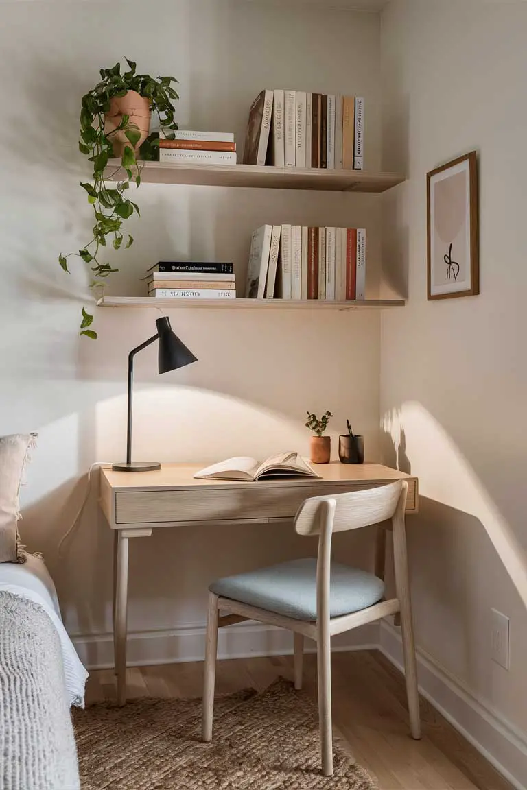 Wall-mounted desk and floating shelves in a small bedroom