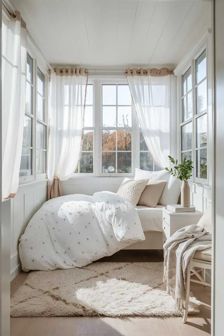Bright bedroom with large windows and sheer curtains
