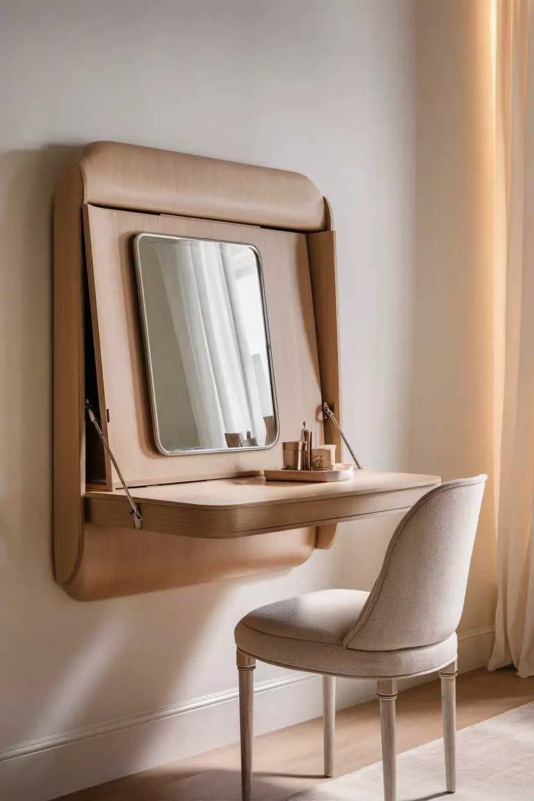 Fold-down wall desk with mirror and storage