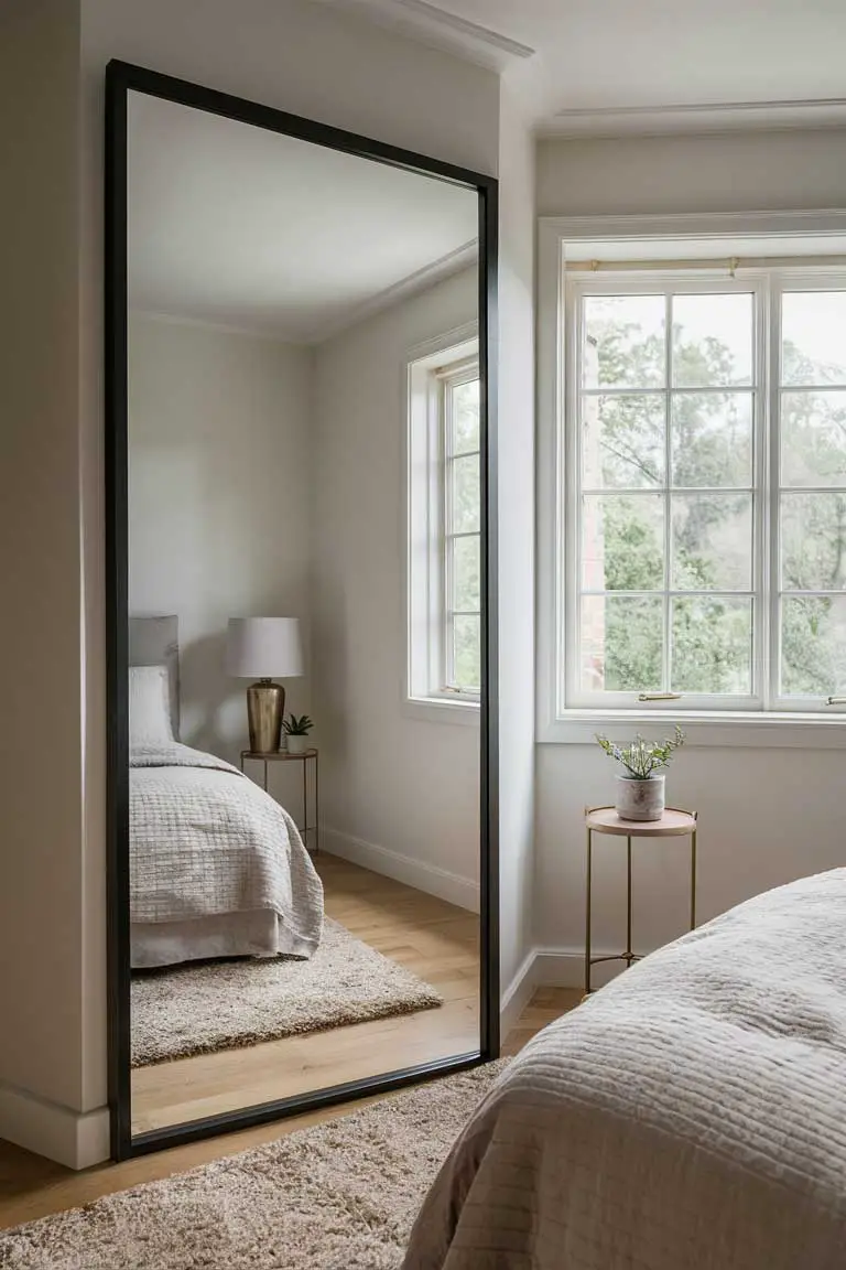 Full-length mirror reflecting natural light in a small bedroom