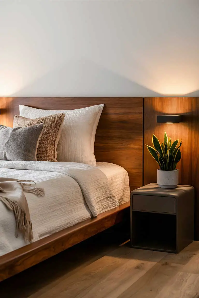 Wooden bed frame with a potted snake plant on nightstand