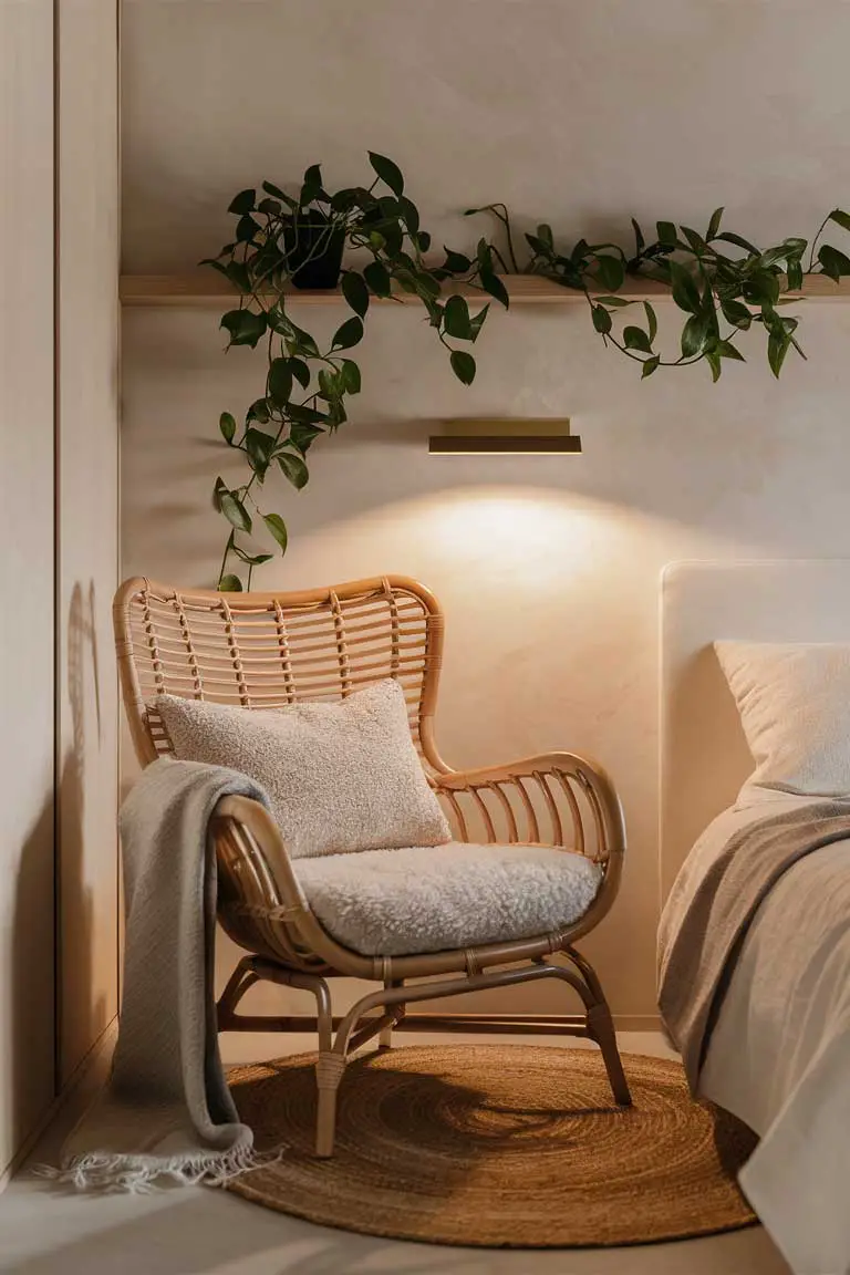 Rattan chair with trailing pothos plant in minimalist bedroom