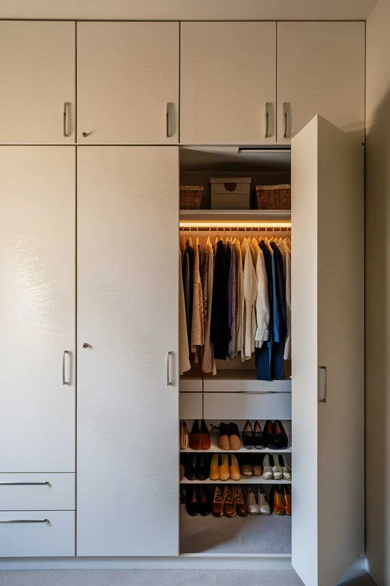 Built-in closets with handle-less doors