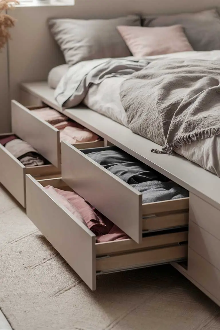 Under-bed drawers with organized clothes