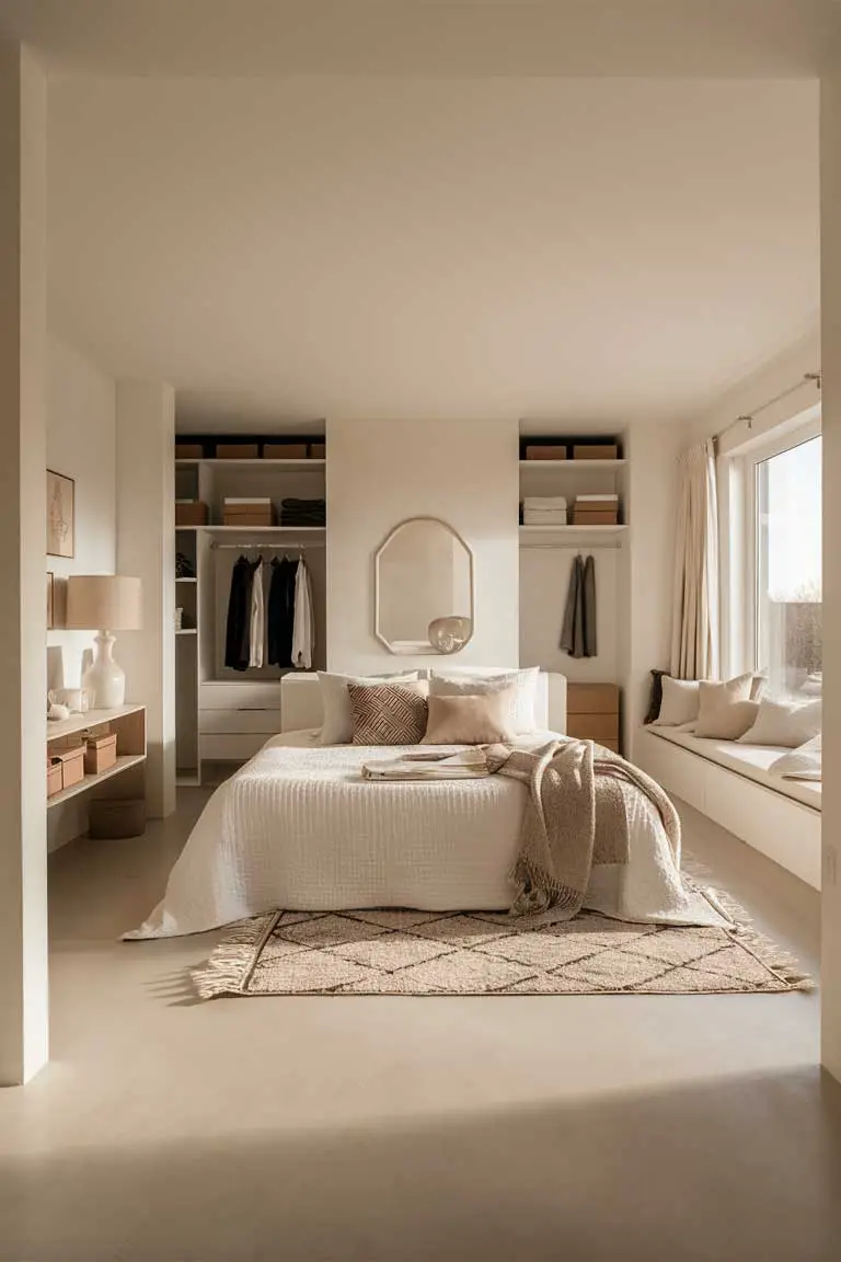 Minimalist bedroom with clear pathways around furniture