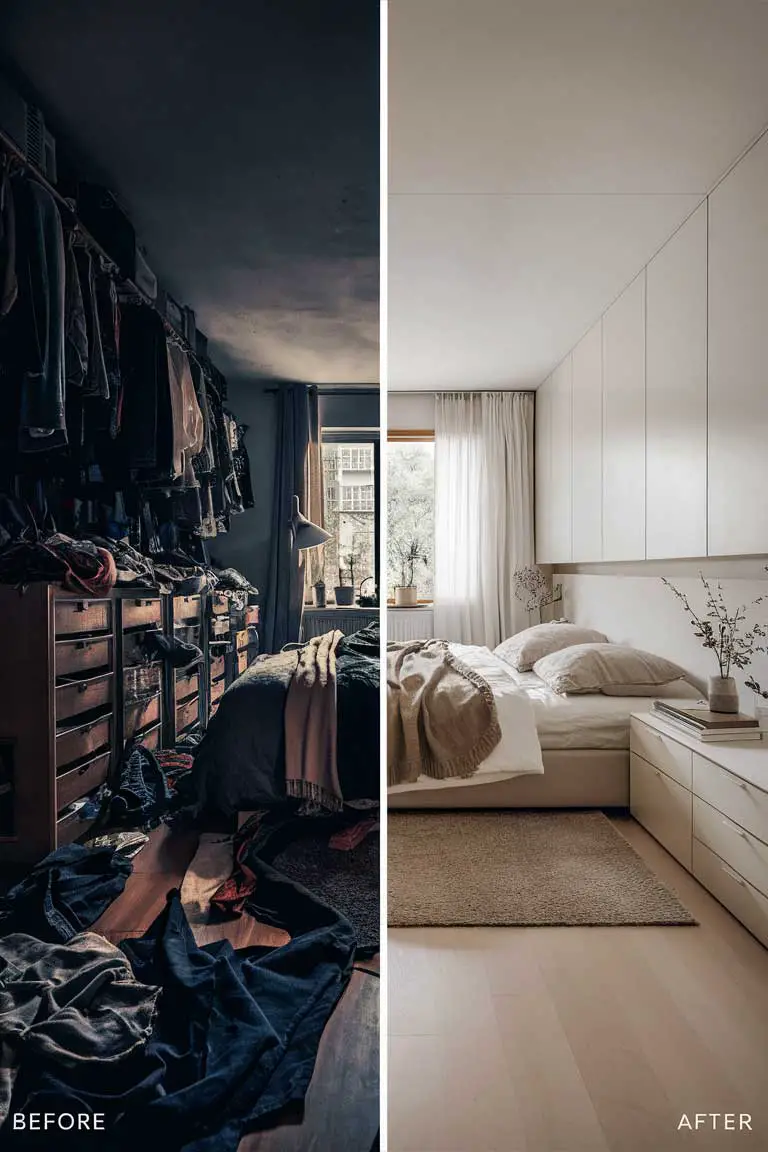 Before and after of a cluttered vs minimalist bedroom