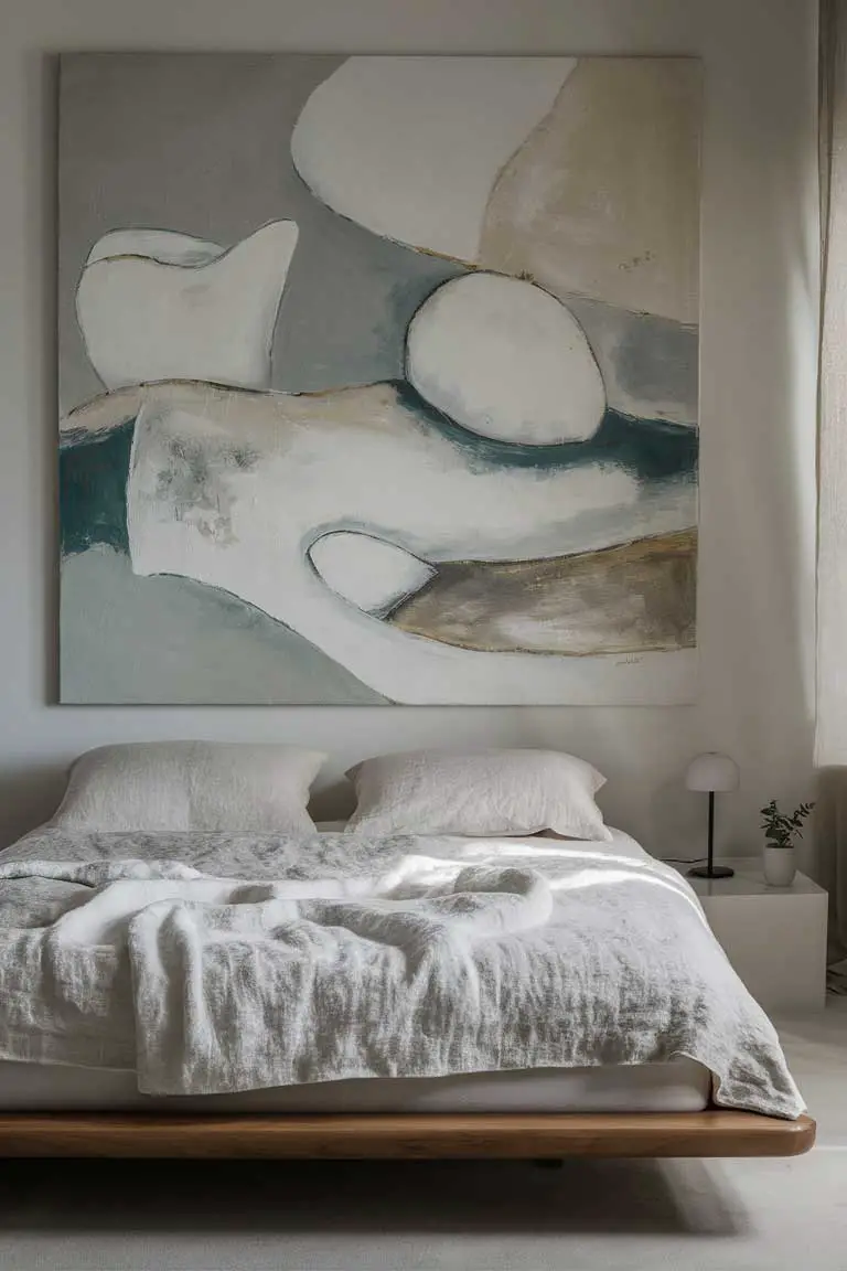 Abstract muted-tone painting above minimalist bed